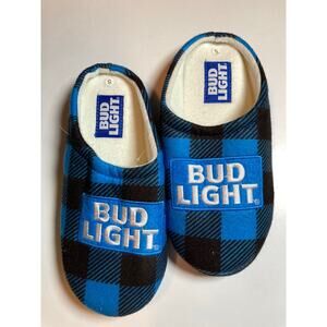 Bud Light Beer Budweiser Plaid Blue Brand Logo Plush Slippers. Men’s Small. NEW!